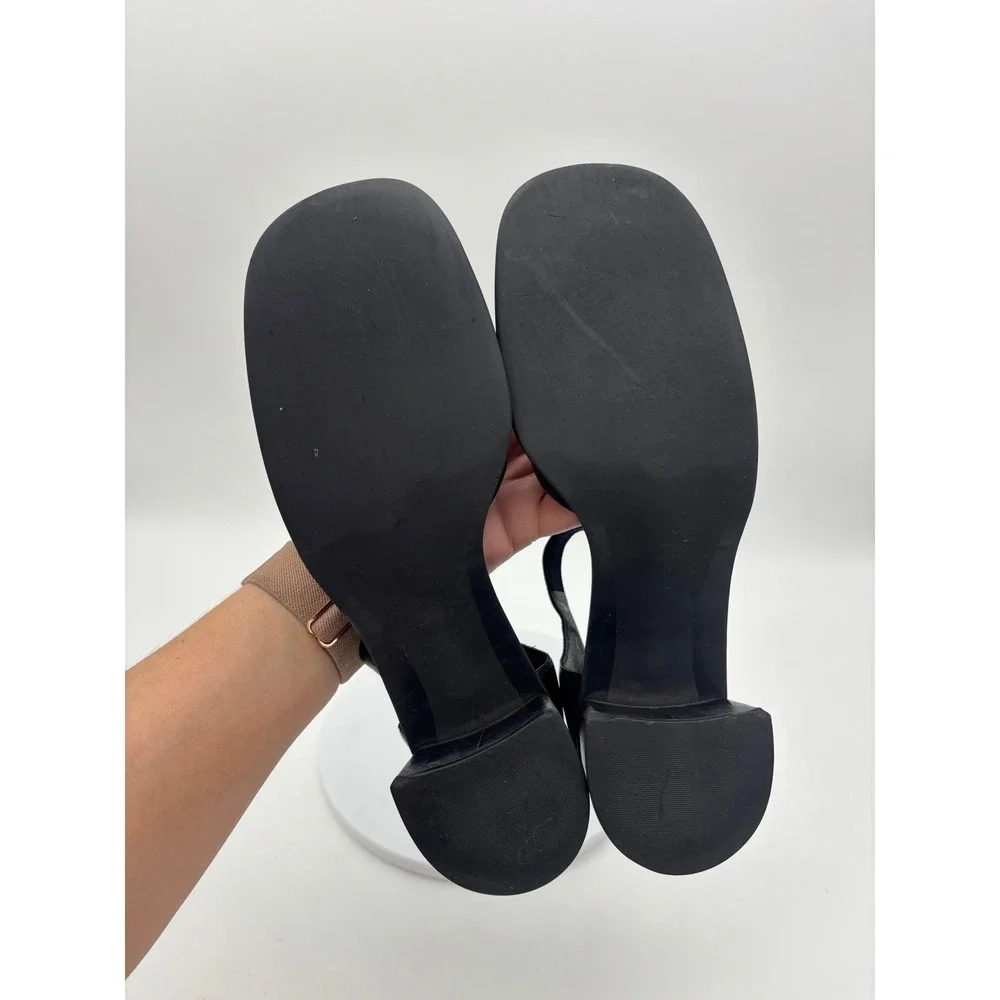 VINTAGE BLACK MARY‎ JANE Leather Shoe Y2K Chunky Block Heel Womens Square Ankle